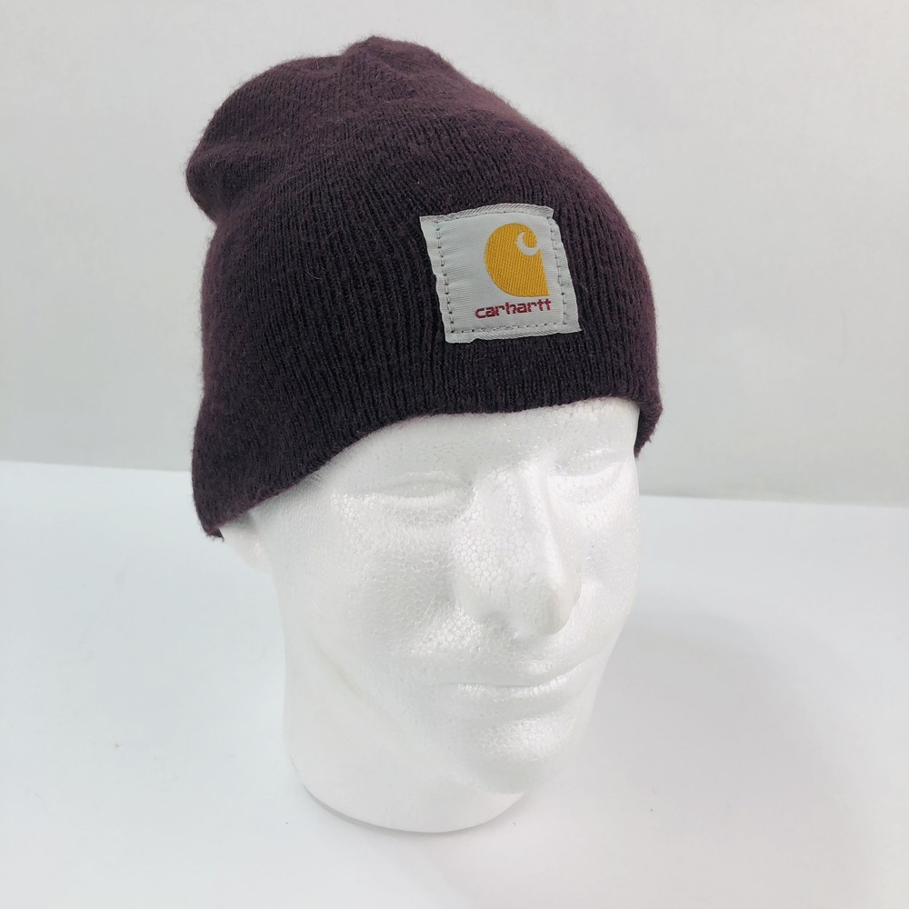VTG Carhartt Spell Out Box Logo Knit Winter Beanie Hat Purple Burgundy USA Mens
